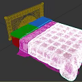 Double Bed With White Carved Headboard Beige Pillows Brown Patterned Quilt And Green Blanket Interior