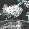 Futuristic Mechanical Game Character With White Body Red Details Mechanical Arm Floating Structure Reflective Platform