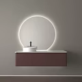 Modern Bathroom Vanity With Circular Backlit Mirror Black Faucet And White Cabinet