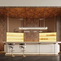 Elegant Modern Bar Counter With Textured Wooden Wall Suspended Lights And Glass Shelves