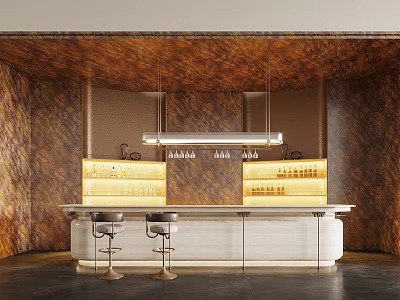 Elegant Modern Bar Counter With Textured Wooden Wall Suspended Lights And Glass Shelves 3d model