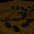 Aerial View of Outdoor Sandy Area With Trees Fence Blue Cylindrical Equipment and People