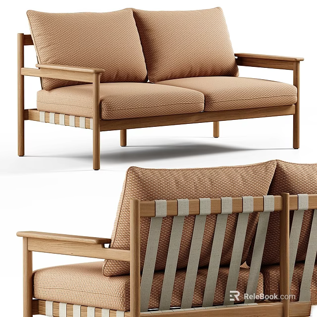 Modern Minimalist Multi Seater Sofa With Beige Fabric Cushions Striped Backrest And Wooden Frame 3d model 