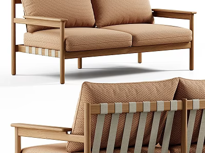 Modern Minimalist Multi Seater Sofa With Beige Fabric Cushions Striped Backrest And Wooden Frame 3d model
