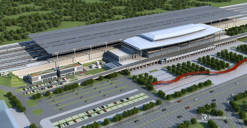 Aerial Planning of Large Terminal Building with Parking Areas Roads and Greenery 3d model 