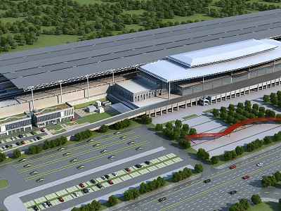 Aerial Planning of Large Terminal Building with Parking Areas Roads and Greenery 3d model