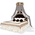 Elegant Canopy Double Bed With Ornate Headboard Decorative Pillows And Ruffled Bedding