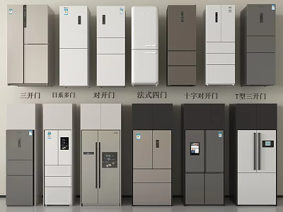 Different Refrigerator Types Featuring Three Door Multi Door French Door and Cross Door Designs 3d model