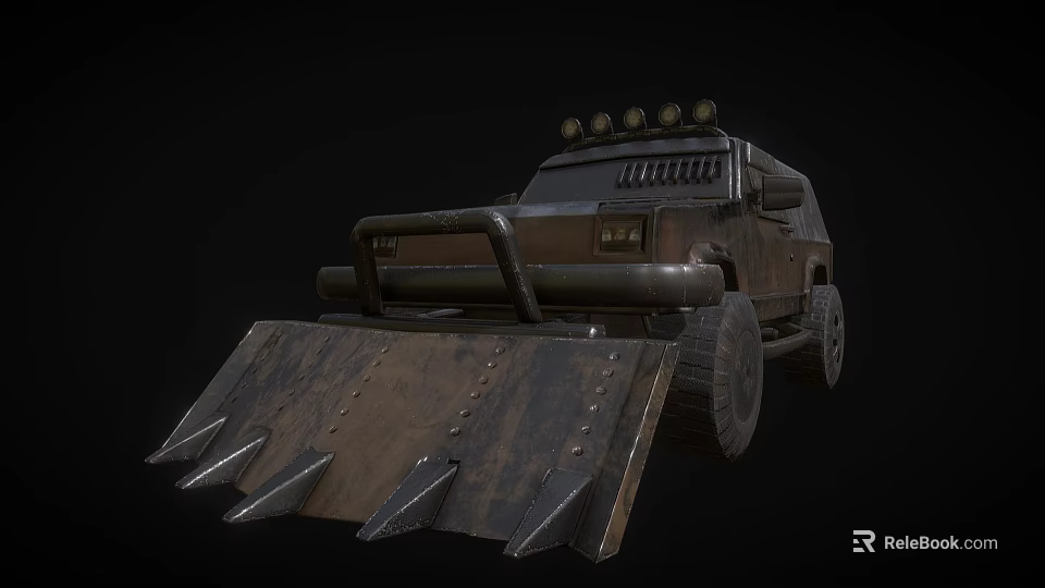 Rugged Off Road Vehicle Featuring Spiked Front Plow and Roof Mounted Spotlights 3d model 