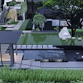 Modern Garden Landscape Design With Green Lawn Trees Water Feature And Paved Areas