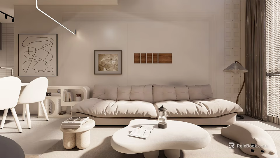 Modern Apartment Living Room With Beige Sofa Round Coffee Table Decorative Paintings And Floor Lamp 3d model 