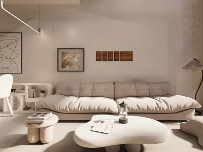 Modern Apartment Living Room With Beige Sofa Round Coffee Table Decorative Paintings And Floor Lamp 3d model