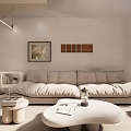 Modern Apartment Living Room With Beige Sofa Round Coffee Table Decorative Paintings And Floor Lamp