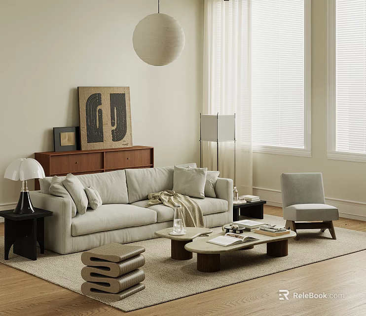 Modern Light Gray Sofa Coffee Table Set With Accent Chair And Decorative Art 3d model 