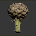 Fresh Purple Artichoke With Tightly Packed Leaves And Green Stem Against Dark Background