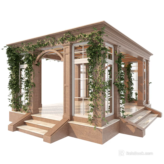 Elegant Garden Porch Design With Arched Entrance Stone Steps And Climbing Vines 3d model 