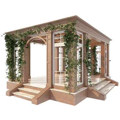 Elegant Garden Porch Design With Arched Entrance Stone Steps And Climbing Vines 3d model