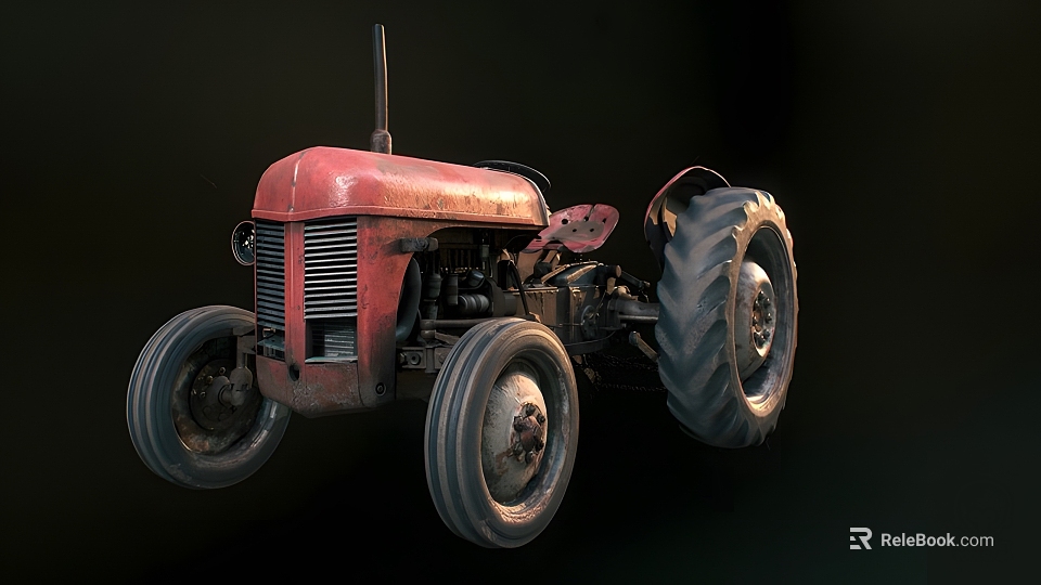 Vintage Red Industrial Tractor With Old Mechanical Parts And Large Wheels 3d model 