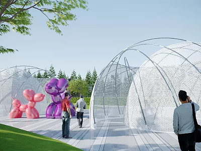 White Net like Structure Pergola in Outdoor Park with Pink Purple Sculptures and Pedestrians 3d model
