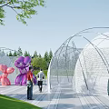 White Net like Structure Pergola in Outdoor Park with Pink Purple Sculptures and Pedestrians