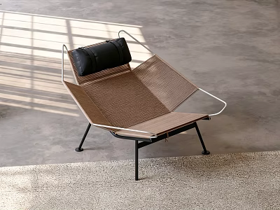 Modern Brown Woven Leisure Chair With Metal Frame Black Cushion And Sunlight Shadows 3d model