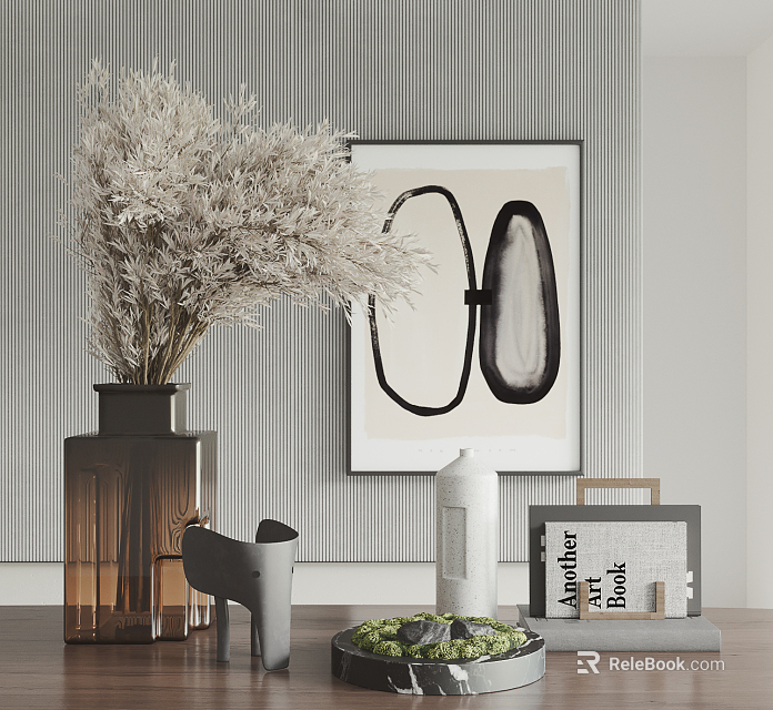 Decorative Ornament Set With Dried Flowers Brown Vase Abstract Painting Gray Figurine And White Bottle 3d model 
