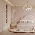 Cozy Kids Bedroom With Pink Walls Rounded Headboard Bed Stuffed Toys Soft Rug And Chandelier