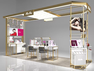 Elegant Golden Frame Display Shelves With Cosmetics Display Tables Mirrors And Advertising Posters 3d model