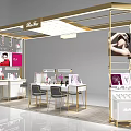 Elegant Golden Frame Display Shelves With Cosmetics Display Tables Mirrors And Advertising Posters