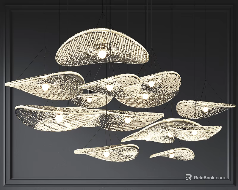 Light Colored Woven Texture Chandeliers With Leaf Shaped Design On Dark Background 3d model