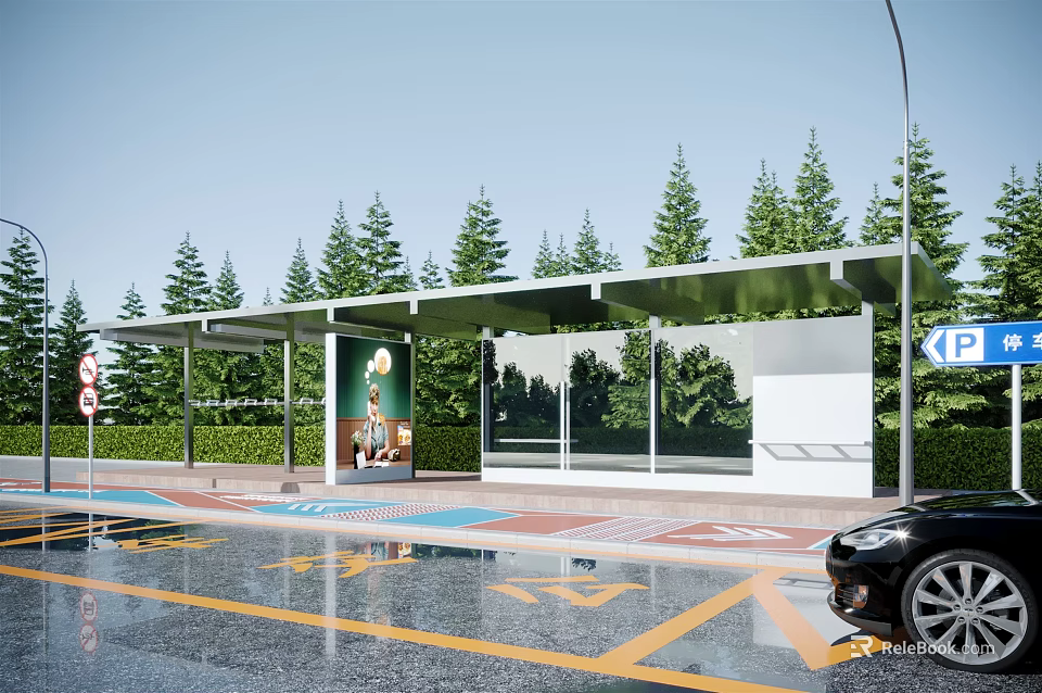 Modern Bus Stop Shelter With Trees Road Markings Billboard And Black Car 3d model 