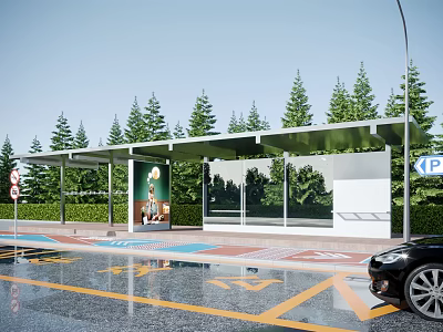 Modern Bus Stop Shelter With Trees Road Markings Billboard And Black Car 3d model