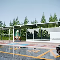 Modern Bus Stop Shelter With Trees Road Markings Billboard And Black Car