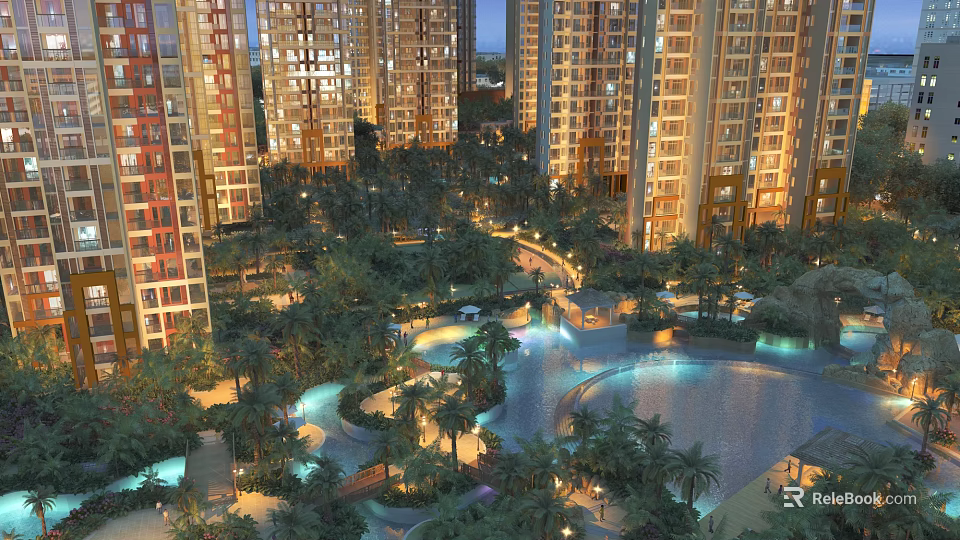 Modern Garden Landscape With Lush Greenery Water Features And High Rise Buildings At Night 3d model 