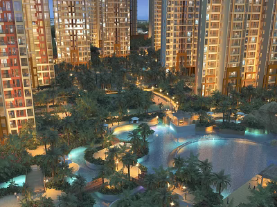 Modern Garden Landscape With Lush Greenery Water Features And High Rise Buildings At Night 3d model