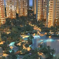 Modern Garden Landscape With Lush Greenery Water Features And High Rise Buildings At Night
