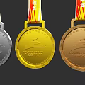 Gold Silver Bronze Sports Medals With Red Yellow Striped Ribbons