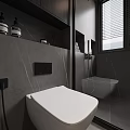 Modern Bathroom With Stacked Washer Dryer Toilet Glass Shower Dark Wooden Cabinets And Window Blinds