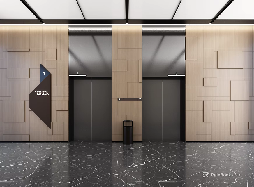 Modern Elevator Lobby With Wooden Panel Walls And Marble Floor 3d model 