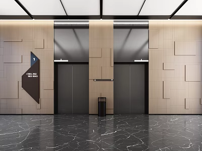 Modern Elevator Lobby With Wooden Panel Walls And Marble Floor 3d model