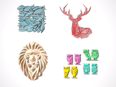 Animal Wall Decor with Red Deer Head Lion Head and Colorful Owls for Interior Decoration 3d model