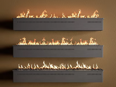 Modern Wall Mounted Gray Fireplaces With Burning Flames On Brown Wall 3d model