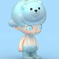 Cute Blue Game Movie Character With Bear Head Hat Big Eyes Sad Expression And Suspenders