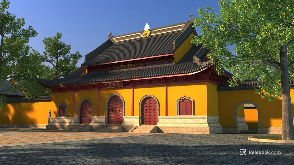 Traditional Ancient Architecture With Yellow Walls Red Doors And Black Roof Under Blue Sky 3d model 