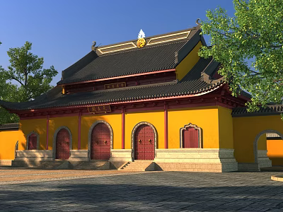 Traditional Ancient Architecture With Yellow Walls Red Doors And Black Roof Under Blue Sky 3d model
