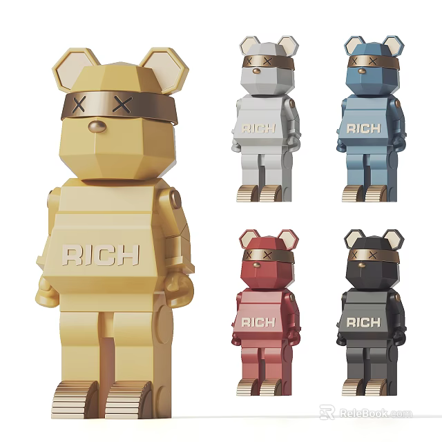 Various Colors Cartoon Bear Sculpture with RICH Text Crown and Blindfold Elements 3d model 