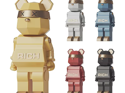 Various Colors Cartoon Bear Sculpture with RICH Text Crown and Blindfold Elements 3d model