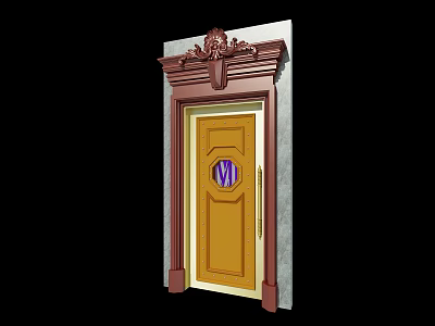 Yellow Swing Door With Purple Circular Glass Window And Decorative Frame 3d model