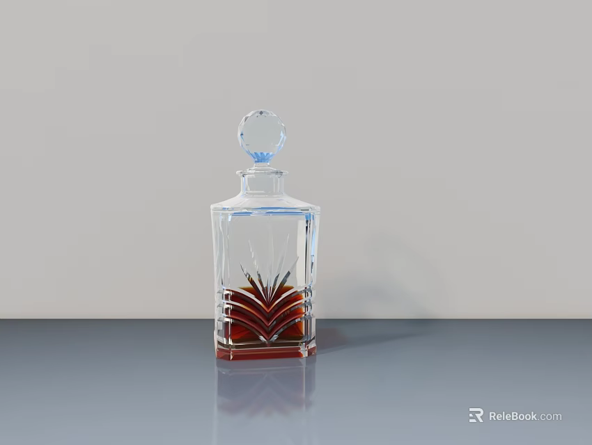 Decorative Transparent Ceramic Vessel With Carved Leaf Pattern And Red Liquid On Gray Table 3d model