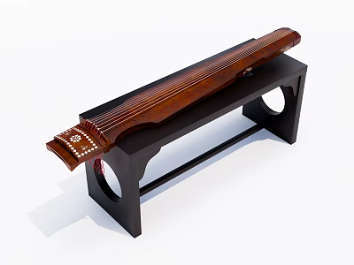 Traditional Chinese Guqin Musical Instrument with Intricate Carvings on Black Wooden Stand 3d model